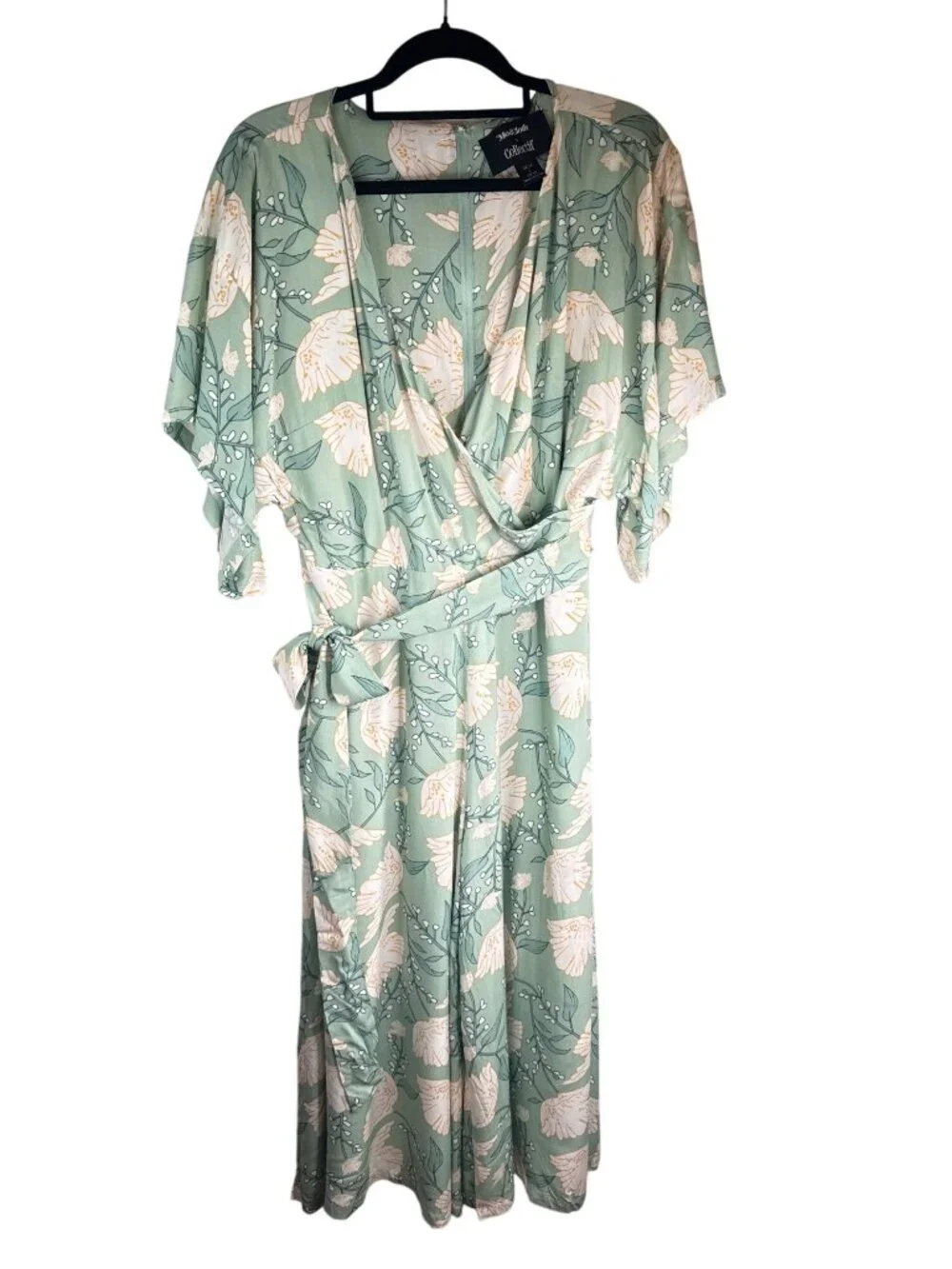 Modcloth X Collectif Size 10 Sage Green Floral Wrap Wide Leg Jumpsuit With Belt - Picture 2 of 10